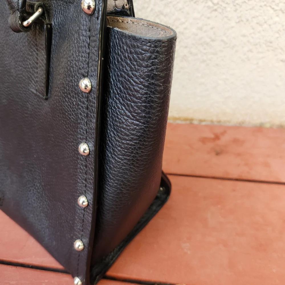 REBECCA MINKOFF Madison Satchel Black Leather Studs Flip Lock Classic Minimalist - Picture 6 of 10